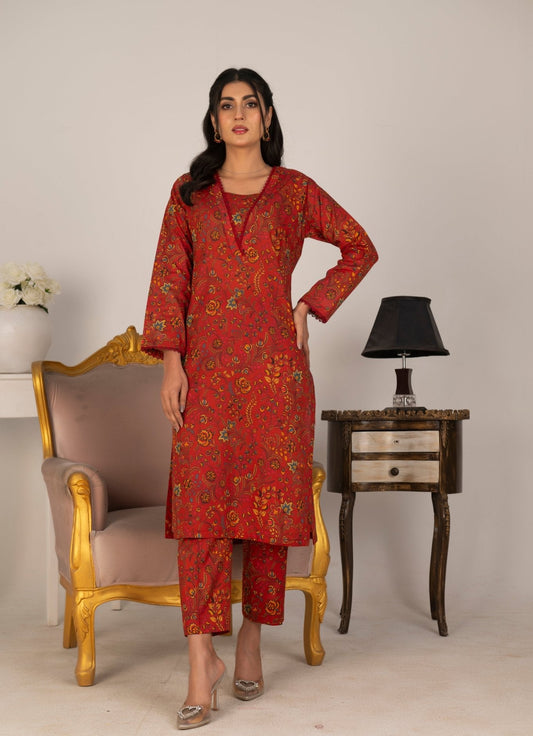 RED FLORAL - LAWN 2 PCS - Diva Clothings
