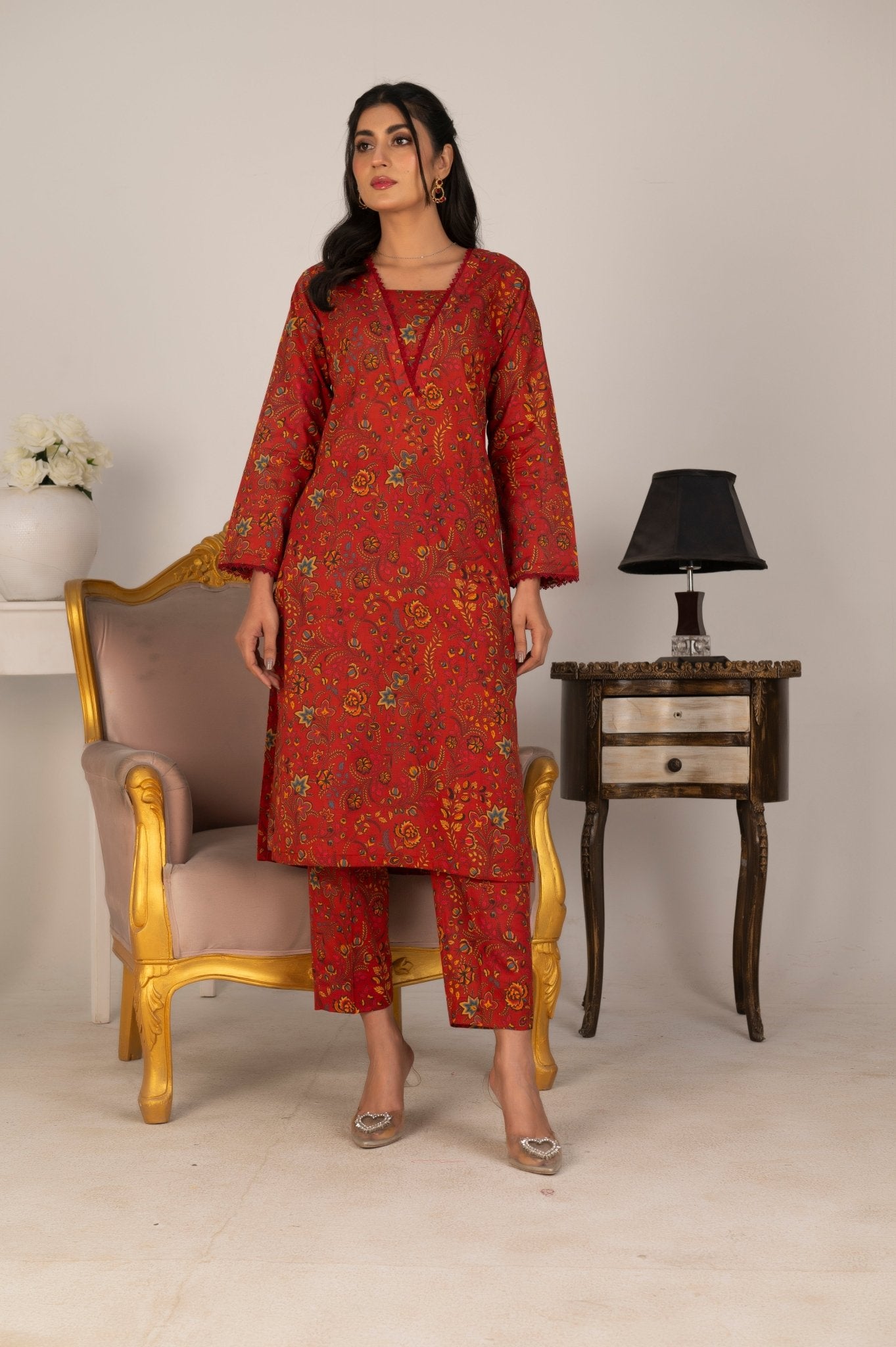 RED FLORAL - LAWN 2 PCS - Diva Clothings