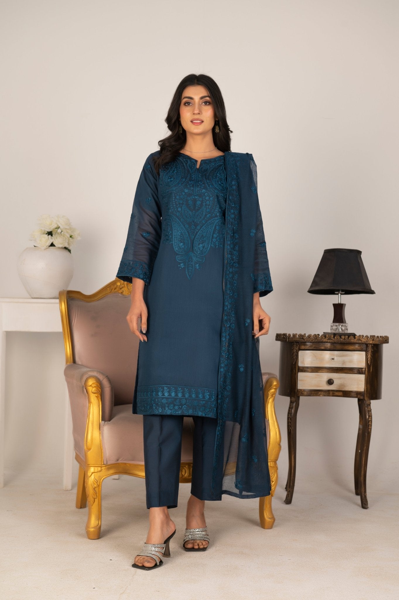 Twilight Elegance – Loom Net Embroidered 3 - Piece Suit - Diva Clothings